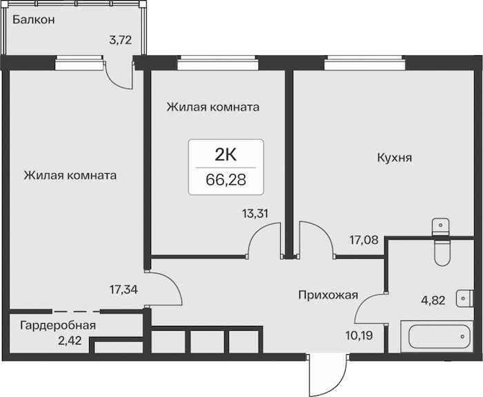 2-комнатная квартира 66.28 м², 11/11 эт., ЖК «Расцветай в Янино»